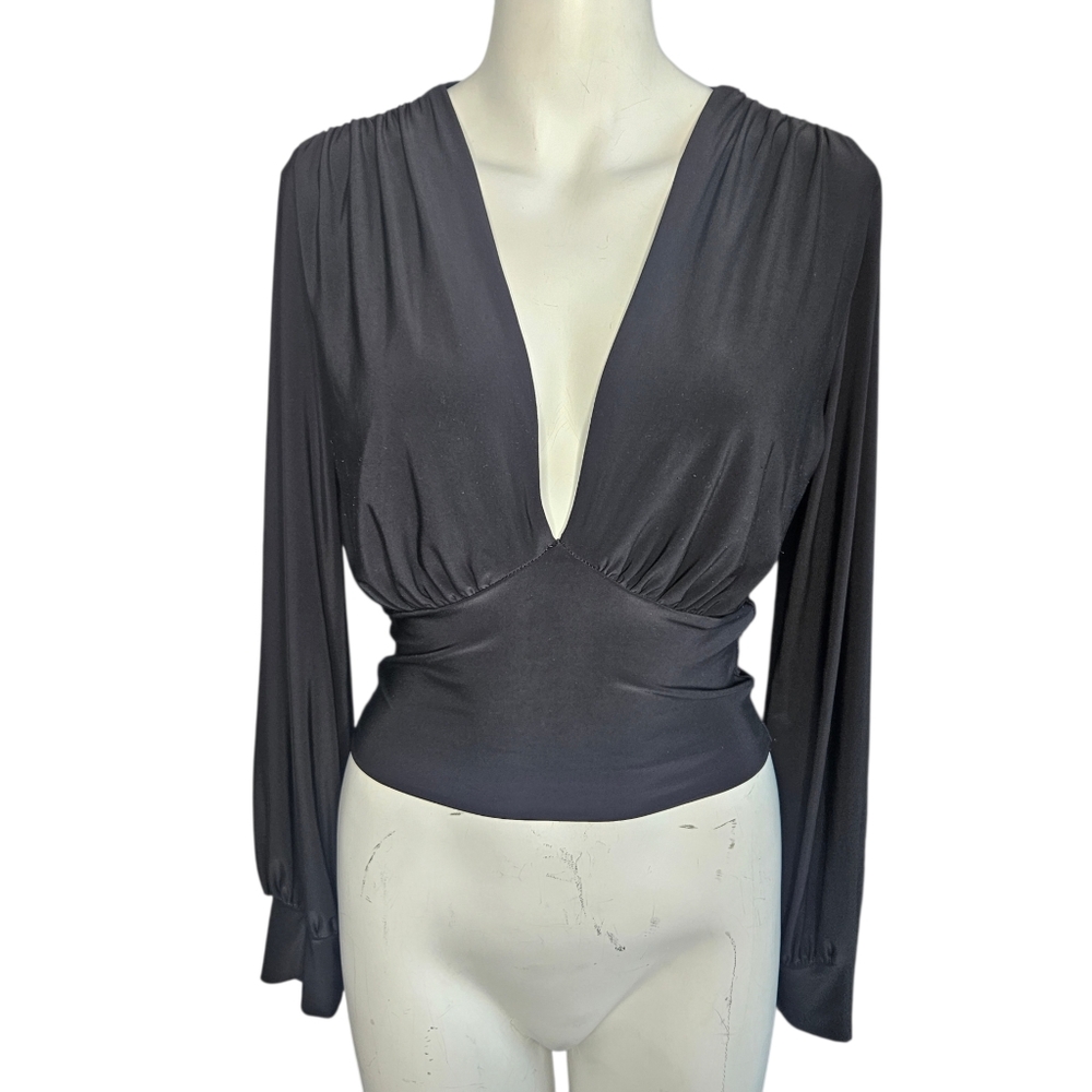21 Saints Womens Deep V Long Sleeve Black Cropped Blouse Sz Small (?)